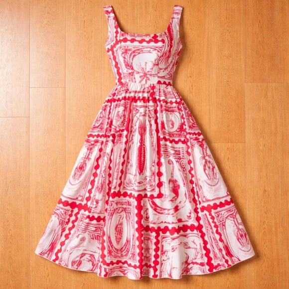 SHEIN Red and White Graphic Midi Dress - Picture 2 of 3